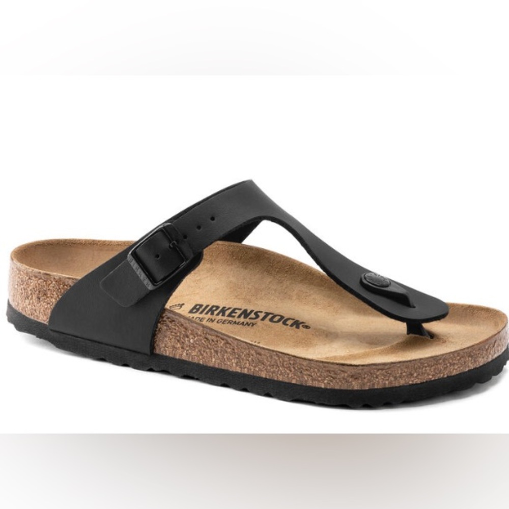 Birkenstock Sandals thongs black vegan leather upper shoes slip on cork footbed